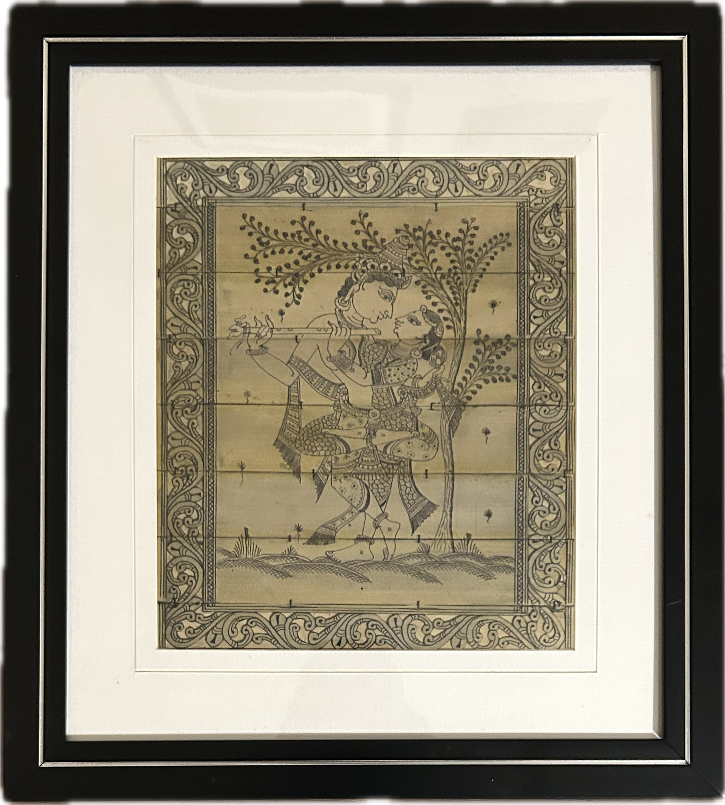 Framed Bamboo Palm Tree Carving- Radha Krishna Love Story 7.5'' X 9''