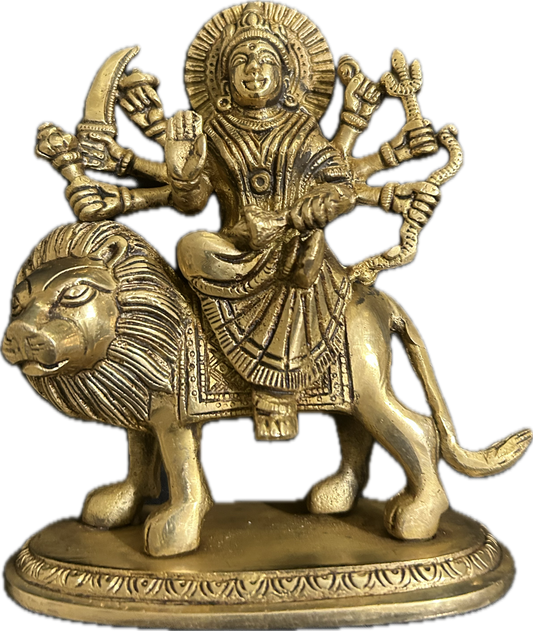 Brass Durga Mata Idol with Lion Mount